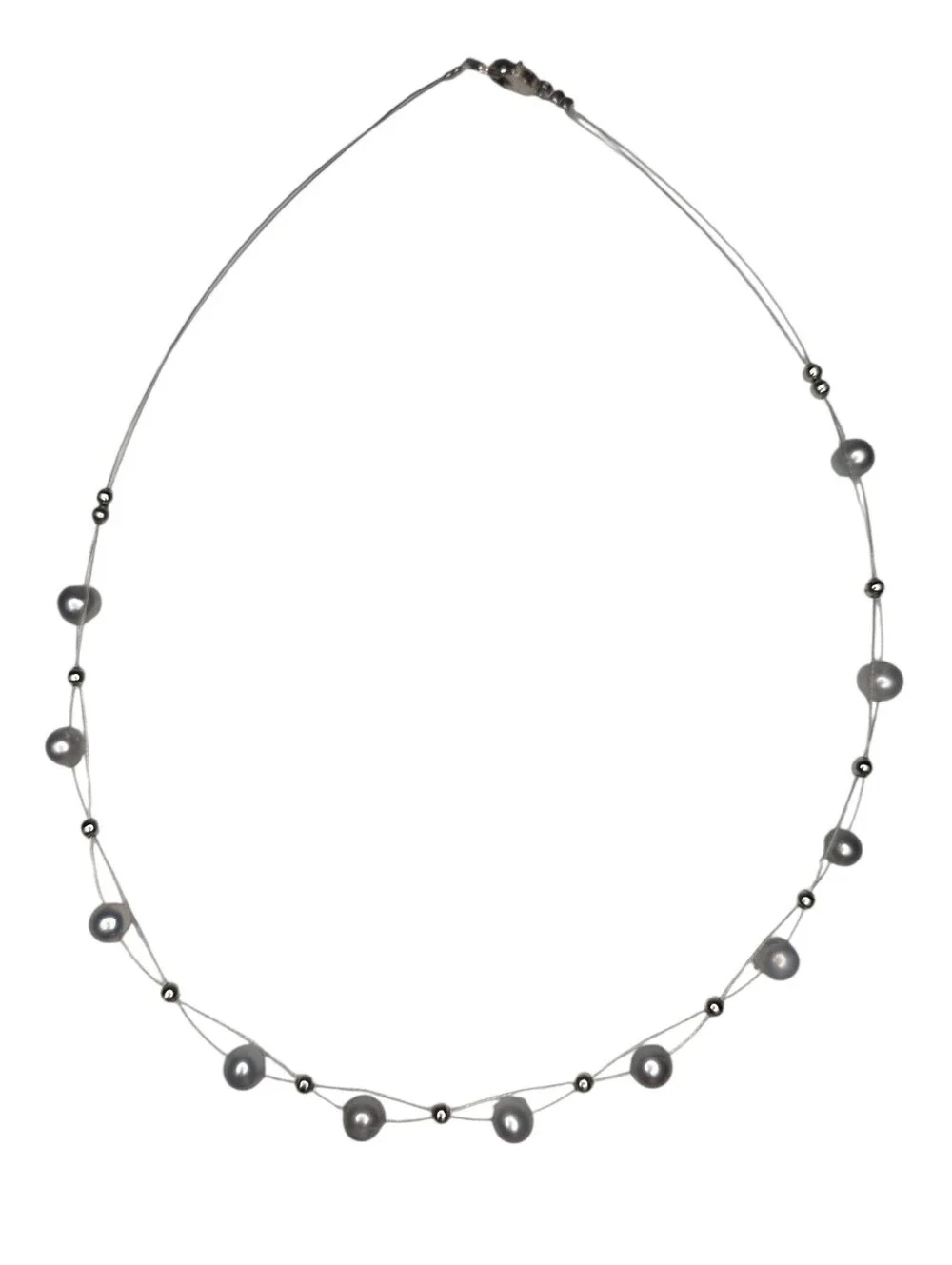 Necklace Illusion Wire Floating Station Silver Gray Faux Pearl Cocktail Jewelry